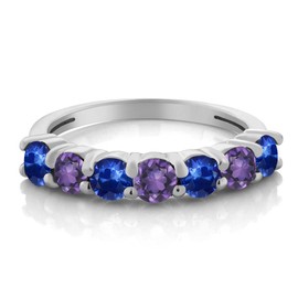 Gem Stone King 1.41 Cttw Round Blue Sapphire and Purple Amethyst 925 Sterling Silver Wedding Anniversary Ring For Women | Gemstone Birthstone | Available In Size 5, 6, 7, 8, 9
