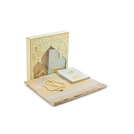 ihvan online Prayer Gift Set for Men & Women, Muslim Taffeta Prayer Rug, Salah Mat, Beads Rosary, Velvet Covered Yaseen Islamic Gift Set for Ramadan & Eid, Beige