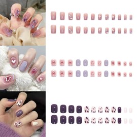 NIUANIUA Nail Tip, Short, False Nails, Cute, Round Tip, Fashion, 3D Nails, Popular, Nail Stickers, 12 Sizes, 72 Pieces (Ice Pink & Diamond)