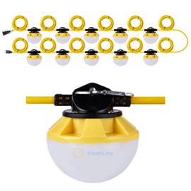 KastLite 100FT 10-Bulb 120W 15000LM Temp Work LED String Lights - IP65 Waterproof 2 Prong Hanging Construction LED Light String - 120V Temporary Industrial Grade Walkway Job Site & Crawlspace Lighting