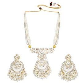 Aheli Traditional Gold Plated Kundan Pearl White Necklace with Earring Traditional Jewelry Set Gift for Women