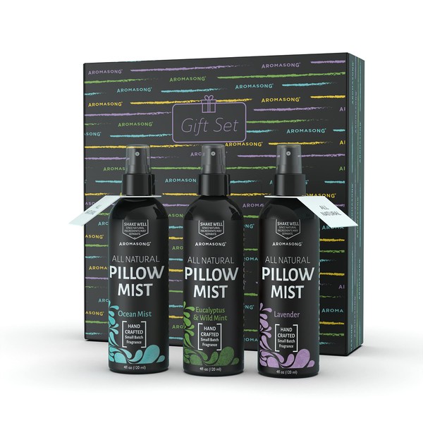 Aromasong All Natural Pillow Spray for Deep Sleep- Holiday Gift Pack of Lavender, Ocean Mist, and Eucalyptus Included - Calming Linen & Bedtime Natural Essential Oil Mist Spray for Sleeping