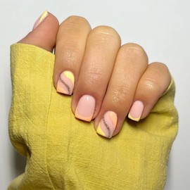 French False Nails Yellow Glossy Fake Nails Glitter Fake Nails Line Design False Nails Full Cover Short Nails Art for Women and Girls 24 PCS