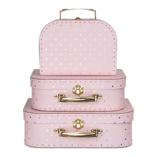 Jewelkeeper - Cardboard Suitcases, Set of 3 - Stackable Gift Boxes for Birthday Wedding Christmas Nursery Office Decoration Showcases Toys Photos - Pink and Gold Dot Design