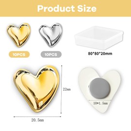 BelleVive Pack of 20 Fridge Magnets, Decorative Heart Magnets, Fridge Magnets, Whiteboard Magnets, Locker Magnets, Strong Holding Power, Decorative Magnet for Home, Gold+Silver