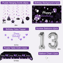 Miidenks 13th Birthday Decorations for Girl, Purple Black Happy 13 Party Decor with Backdrop Banner, Tablecloth, 13 Number Foil Balloons for Her