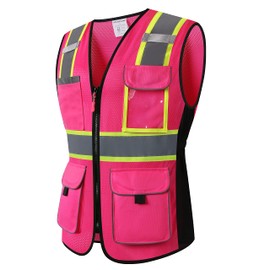 HoliSecure Safety Vest for women, Hi vis Reflective Lady Work vest With 9 Multi Pocket And Zipper, Pink, X-Large