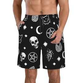 Mens Quick Dry Swim Trunks with Mesh Lining,Gothic Moon Cat Skull,Summer Surf Long Beach Pants Board Shorts Bathing Suits L