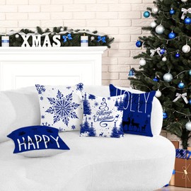 Artmag Blue Christmas Pillow Covers 16x16 Set of 4 Farmhouse Christmas Decorations Happy Holidays Holly Jolly Snowflake Merry Christmas Decor Throw Cushion Case for Couch Sofa