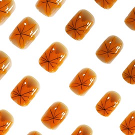 Autumn Press on Nails Short Fake Nail Fall False Nails with Maple Leaf Design Glossy Artificial Acrylic Glue on Nails Full Cover Stick on Nail for Women Manicure DIY Decoration 24 Pcs