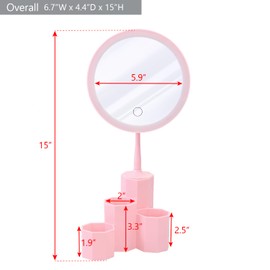 Ikee Design Makeup Organizer with Rechargeable LED Mirror for Makeup, Brushes, Lipsticks, Skincare and Cosmetics Organizer for Home, Bathroom, Spa, or Salon, 6.7W x 4.4D x 15H in, Pink Color
