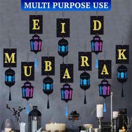 Large Multipurpose Eid Mubarak Banner – 3 Layer Design with Tassels and Lantern Cutouts | Includes Metal Rings and Needles for Easy Assembly | Elegant Eid Decorations for Home and Outdoor Decorations
