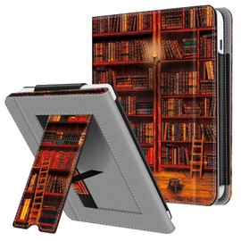 Fintie Case for Tolino Vision Color (2024)/Vision 6 (2021) & Kobo Libra Colour (2024)/Libra 2 (2021) 7 Inch - Kickstand Case with Card Slot Wrist Strap and Auto Sleep/Wake, the Library