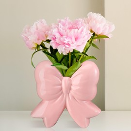 Jingmore Pink Bow Ceramic Vase Small Coquette Vase Pen Holder Makeup Brush Holder Contemporary Design Decorative Women Gifts for Home Office Shelf Table Living Room