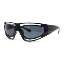 Trendy Vented 90s Sport Wrap Around Thick Arm Plastic Rectangular Sunglasses All Black