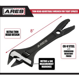 ARES 79008-8-Inch Thin Head Adjustable Alligator Wrench - 1 1/4-Inch Jaw Capacity - Chrome Vanadium Steel Construction - Alligator Head for Pipes and Rounded Off Fasteners