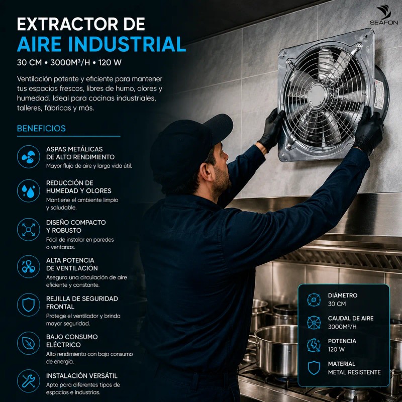 Extractor De Aire Industrial Para Cocina 30cm 3000m3/h 120w