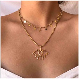 Cimenexe Bohemian Evil Eye Pendant Necklace Gold Star Necklace Choker Layered Box Chain Necklace Star Dangle Necklace Jewelry for Women and Girls