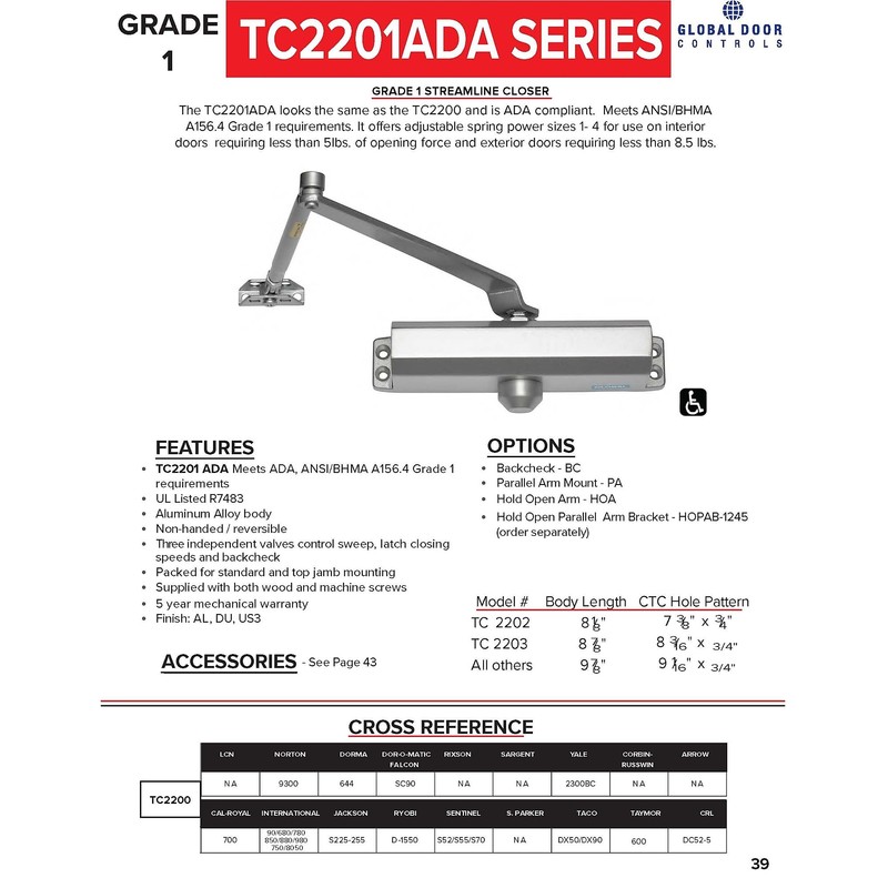 Global Door Controls Commercial ADA Door Closer in Aluminum with
