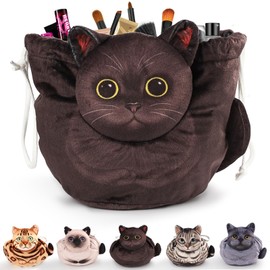 Cat Drawstring Makeup Bag,Flat Lay Make Up Bag,Portable Travel Cosmetic Bag Storage Organiser,Bag for Purse,Cat Gifts for Women/Girls/Cat Lovers
