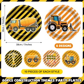 60PCS Construction Birthday Party Decorations Trucks Themed 7 Inch Dessert Plates Tableware Truck Dinner Paper Plates Excavator Constructions Theme Dinnerware Disposable for Kids Boys Baby Shower Supp
