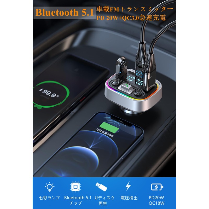 FM Transmitter, Bluetooth Car FM Transmitter, PD20W + QC3.0 Fast