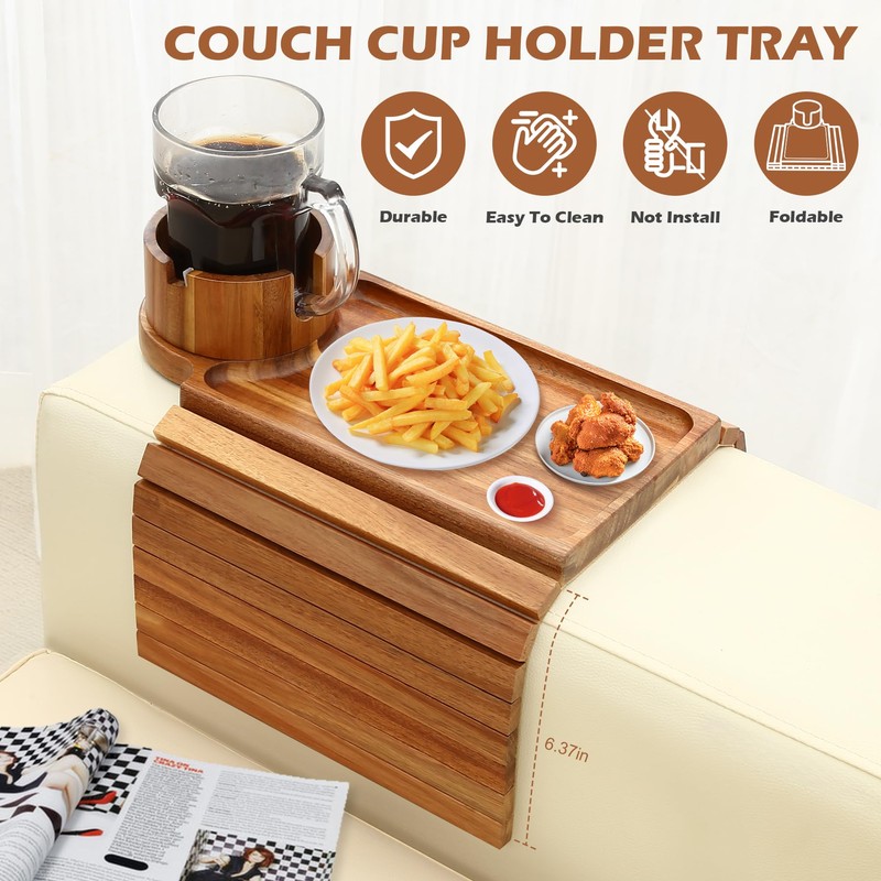GHKINMAL Couch Cup Holder Tray, Acacia Wood Couch Armrest Table