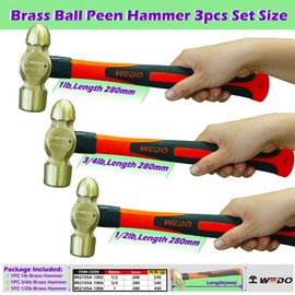WEDO 3PCS Brass Ball Peen Hammer Set,1/2lb+3/4lb+1lb,Fiberglass Handle,Die-Forged,Corrosion Resistant,DIN Standard