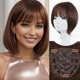 Msysmyx Brown Bob Hair Toppers with Bangs Side Part Hair Toppers for Women with Thinning Short Highlight Brown Straight Bob Ladies with Bangs 2/30#