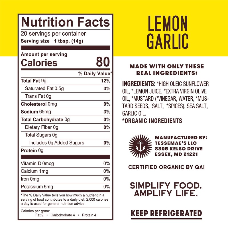 Tessemae's Organic Lemon Garlic Dressing and Marinade, Whole30 Certified, Keto