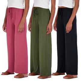 3 Pack: Womens Wide Leg Palazzo Lounge Pants Drawstring Loose Comfy Casual Pajama Pants High Waisted Flowy Printed Soft Cotton Knit Fall Bottoms sleep Pijama de mujer Silk PJ Night - Set 6, XXL