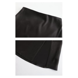 Mist Azur Women Silky Satin Side Split Skirt High Waist Elastic Elegant A Line Midi Skirts for Women MA7301 (Black, S)
