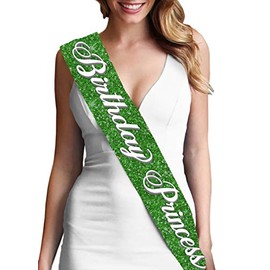 Green Birthday Sash - Flourish Birthday Princess Premium Quality Sash - Birthday Party Supplies - Green Sparkle Sash(Bdy Prnc) GRN/Sprk