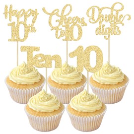 Paquete de 30 adornos para magdalenas de feliz décimo cumpleaños con purpurina dorada para cumpleaños de 10 años para decoraciones de tartas de décimo cumpleaños