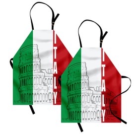 Lunarable Italian Flag Apron Pack of 2, Roma Landmark Colosseum Heritage Cityscape Civilization Image, Unisex Kitchen Bib with Adjustable Neck, 2 Pcs - Adult Size, Green Grey