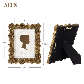 AELS 5x7 Inch Floral Vintage Picture Frame, Elegant Antique Photo Frames with Glass Front, Photo Display, Tabletop Wall Hanging, Gift Ideas, Gold Flower
