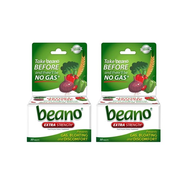 Beano Extra Strength, Digestive Enzyme Supplement, Prevents Gas, Bloating and Discomfort (Packaging May Vary) 30 Count Each (Pack of 2)