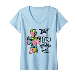 Womens Trust in Lord Easter Christian All Your Heart Floral Cross V-Neck T-Shirt