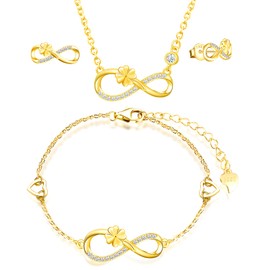 INFINIONLY Jewellery Sets, Women's girl's Necklace Bracelet and Earrings Studs, 925 silver necklace bracelet earrings, Lucky clover and infinity symbol pendant bracelet earrins, Inlaid zircon, gold