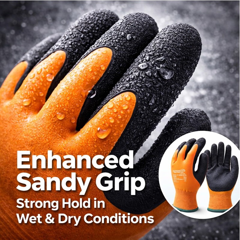 Supreme TTF Waterproof Thermal Work Gloves, Double Latex Coated, Orange-Black,