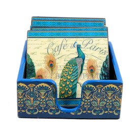 Handmade Peacock Design MDF Wooden Coaster Set with Holder Stand with Enamel Coating for Home Kitchen, Office Desk (Set of 6, 4 inch)