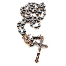 Nazareth Store Hematite Rosary Black Stone Beads Necklace with Jerusalem Holy Soil & Cross Antique Religious Rosaries Beads Collection