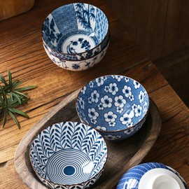 Gegong 6 Pack Ceramic Bowls, Japanese Style Rice Bowls, 10 Ounces Thickening Blue and white porcelain bowls, Cereal Bowls for Kitchen, Suitable for microwave, ovens, dishwashers (Tang Grass)