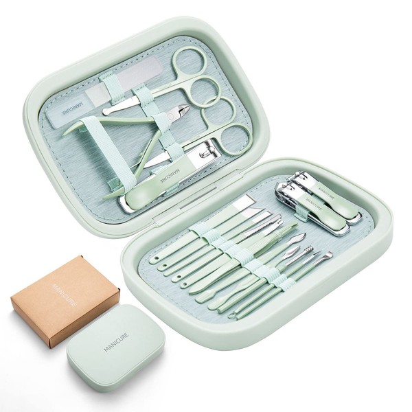 Manicure Set With Case Nail Clippers Pedicure Kit -18 Pieces Stainless Steel Manicure Kit, Professional Grooming Kits, Nail Care Scissor Tools (Green)