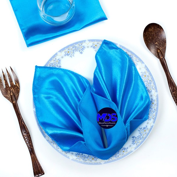 MDS Pack of 100 Wedding Satin 12"X 12" Square Dinner Napkin or Handkerchief for Wedding Banquet Decoration - Blue