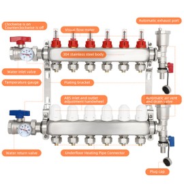 FAHKNS Radiant Heating Manifold, 6 Branch Pex Manifold with 1/2" Adapters for Hydronic Radiant Floor Heating Stainless Steel heating manifold Set