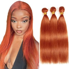 Orange Human Hair Bundles Color 350 Human Hair Ginger Orange Bundles Human Hair Brazilian Remy Hair Wet and Wavy Bundles Soft and Silky Double Weft Bundles for Woman 10 12 14 Inch