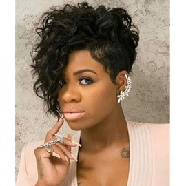 SEVENCOLORS Short Curly Pixie Cut Wigs for Black Women Natural Looking Short Wavy Black Wigs with Side Bangs Synthetic Hair Asymmetrical Wig