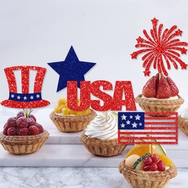 4th of July Cupcake Toppers Independence Day Cupcake Topper Glitters Patriotic Cupcake Toppers USA Flag Red Blue Star Firework Hat Picks Toothpick Toppers for July 4th Party Decorations 18pcs