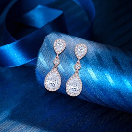 EleQueen 925 Sterling Silver Full Prong Cubic Zirconia Birthstone Teardrop Bridal Dangle Earrings